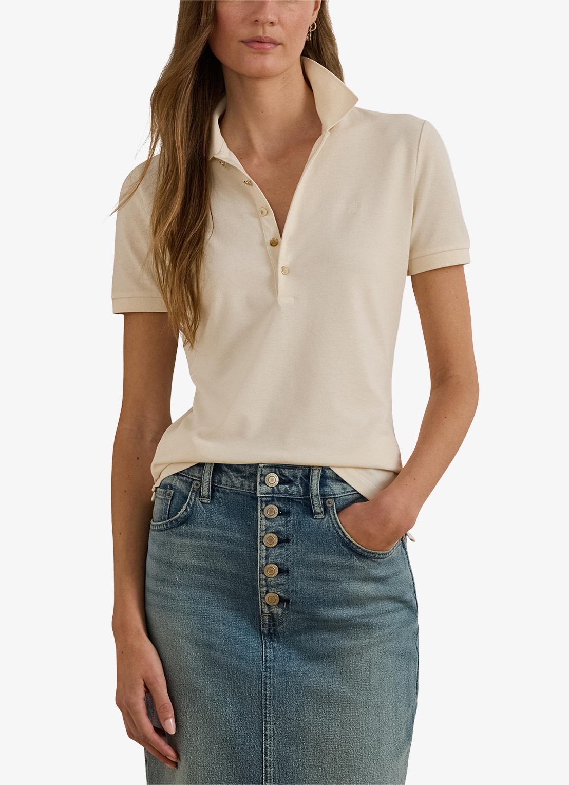 Ralph Lauren Polo van piqué katoen met sierknopen - detail creme