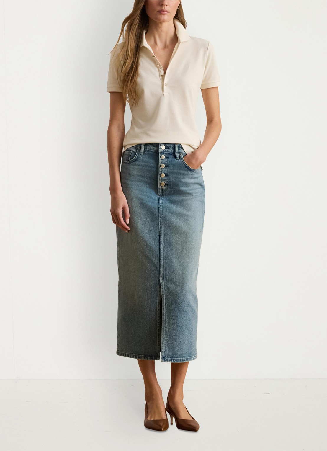 Ralph Lauren Polo van piqué katoen met sierknopen - voorkant 3 creme