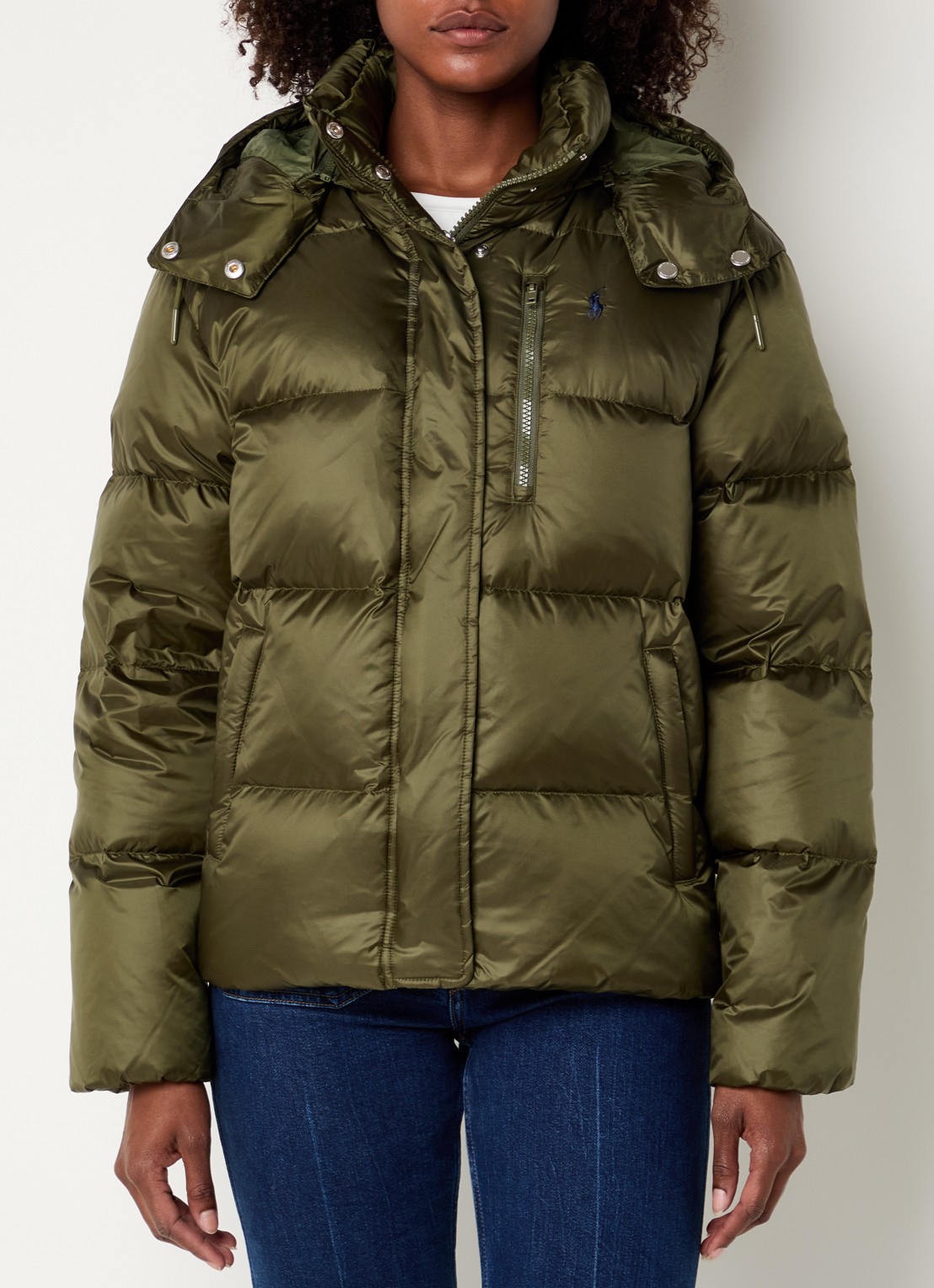 Ralph Lauren Puffer jack met donsvulling en afneembare capuchon - detail olijfgroen