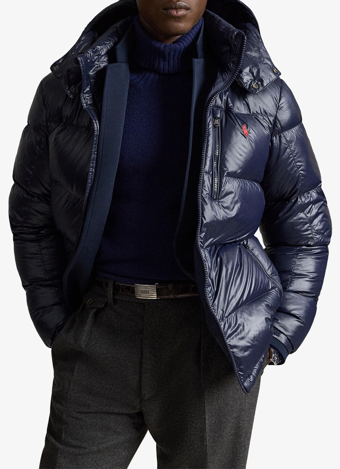 Ralph Lauren Puffer jack met donsvulling en capuchon - voorkant 5 collection navy glossy / donkerblauw