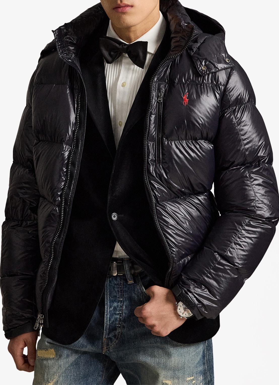 Ralph Lauren Puffer jack met donsvulling en capuchon - voorkant 2 polo black glossy / zwart