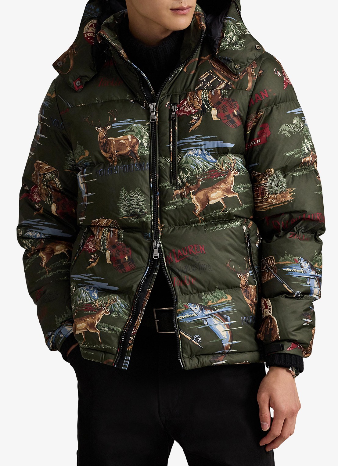 Ralph Lauren Puffer jack met print - voorkant outdoorsman convo / legergroen