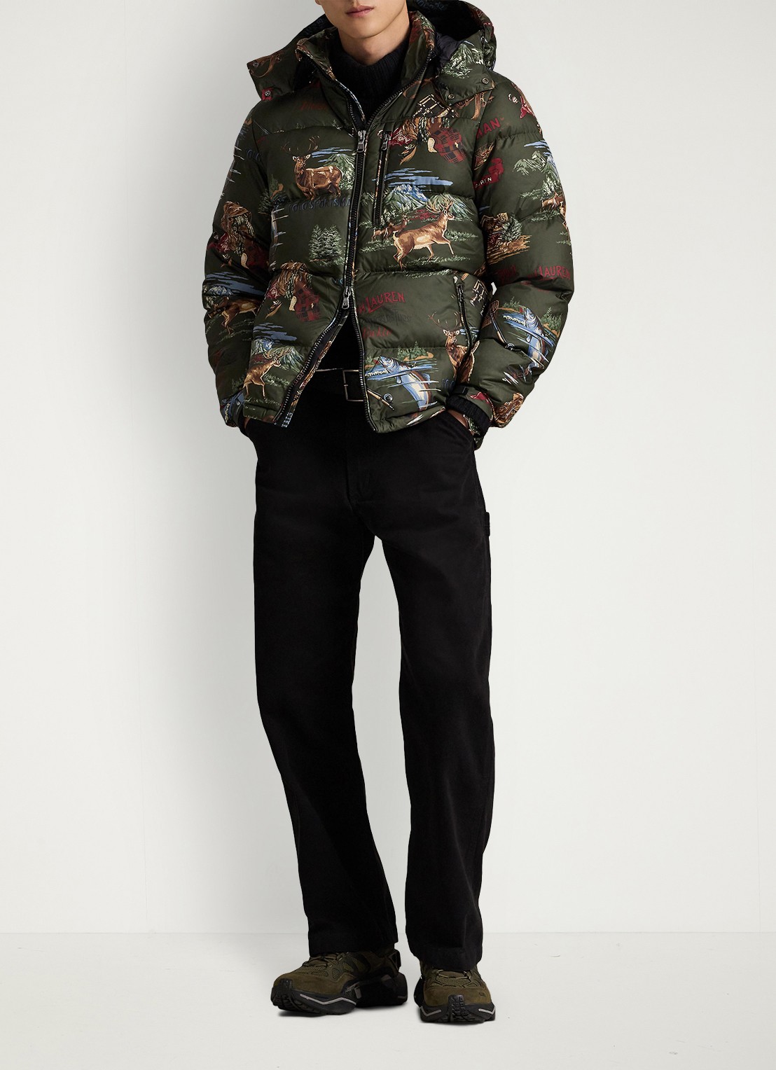 Ralph Lauren Puffer jack met print - voorkant 2 outdoorsman convo / legergroen