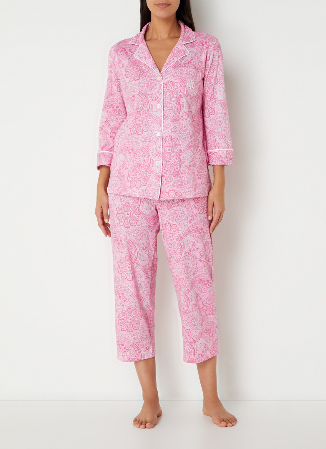 Ralph Lauren Pyamaset met paisley desson met logoborduring - detail 3 lichtroze