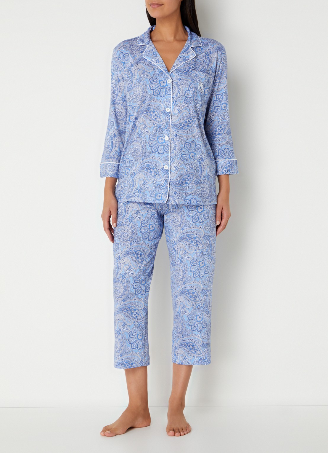 Ralph Lauren Pyamaset met paisley desson met logoborduring - detail 3 lichtblauw