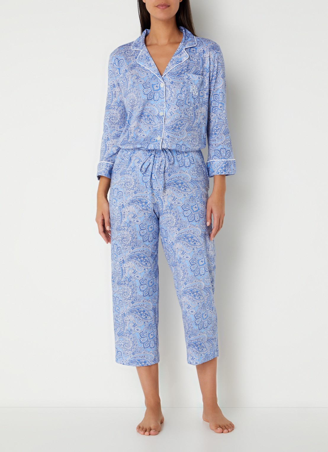 Ralph Lauren Pyamaset met paisley desson met logoborduring - voorkant 2 lichtblauw