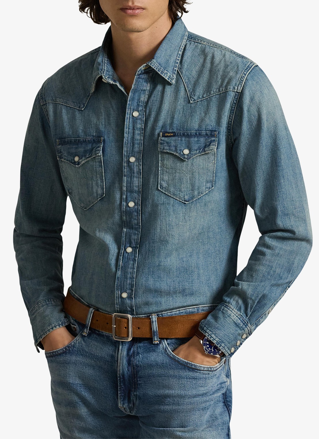 Ralph Lauren Regular fit denim overhemd met drukknoopsluiting - detail indigo
