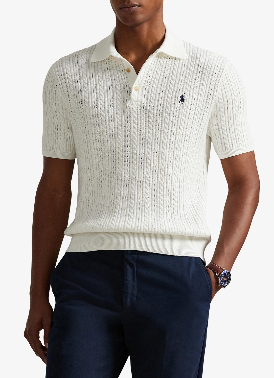 Ralph Lauren Regular fit kabelgebreide polo met logoborduring - detail 4 deckwash white w/ navy pp-460o