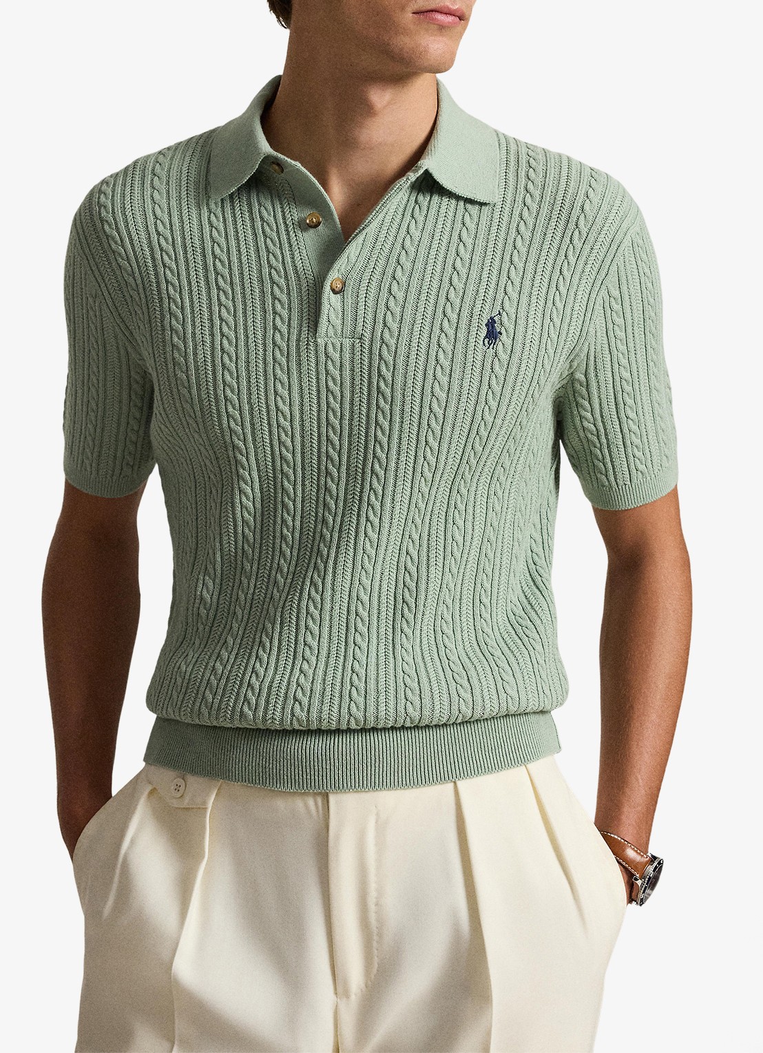 Ralph Lauren Regular fit kabelgebreide polo met logoborduring - voorkant 5 light green / lichtgroen