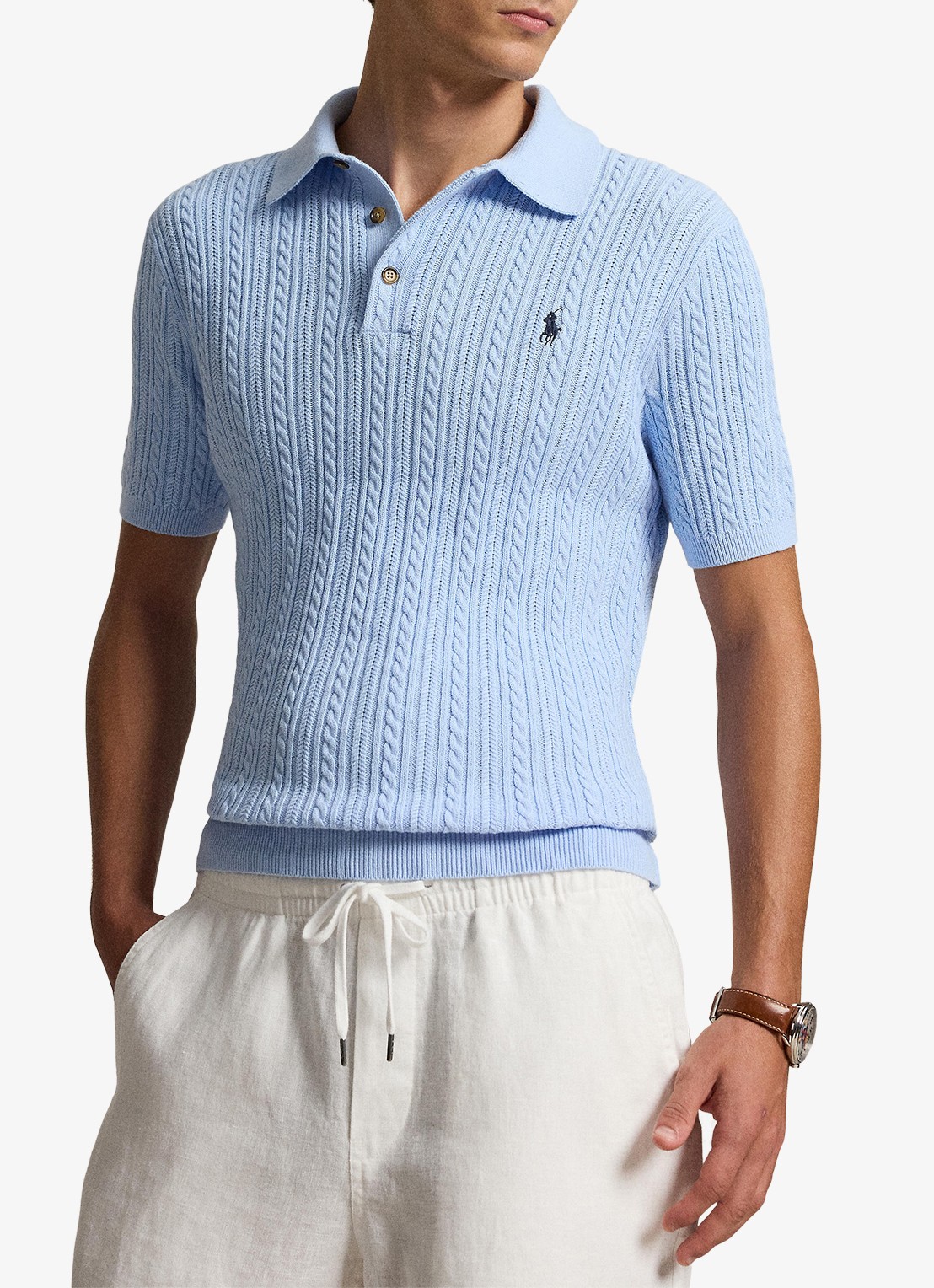 Ralph Lauren Regular fit kabelgebreide polo met logoborduring - voorkant 5 office blue / blauw