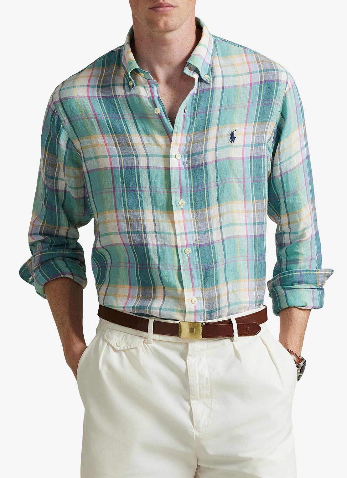 Ralph Lauren Regular fit overhemd van linnen met ruitdessin - detail 7116b green blue white-48oa