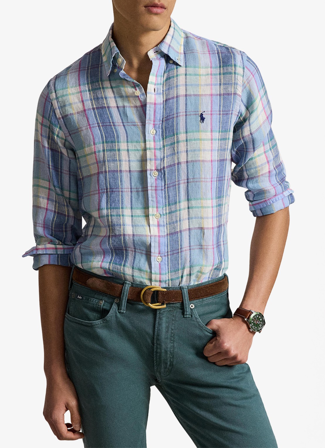 Ralph Lauren Regular fit overhemd van linnen met ruitdessin - detail 7116a blue green multi-48ob