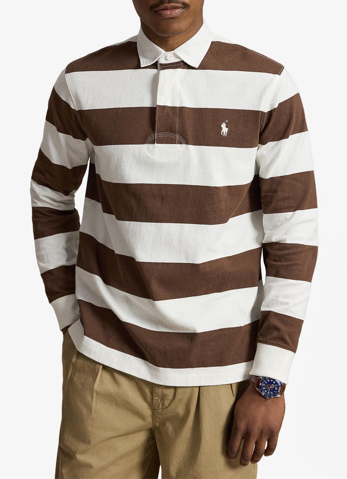 Ralph Lauren Regular fit polo met logo en streepprint - voorkant 2 trphy crm/choclate brwn / bruin