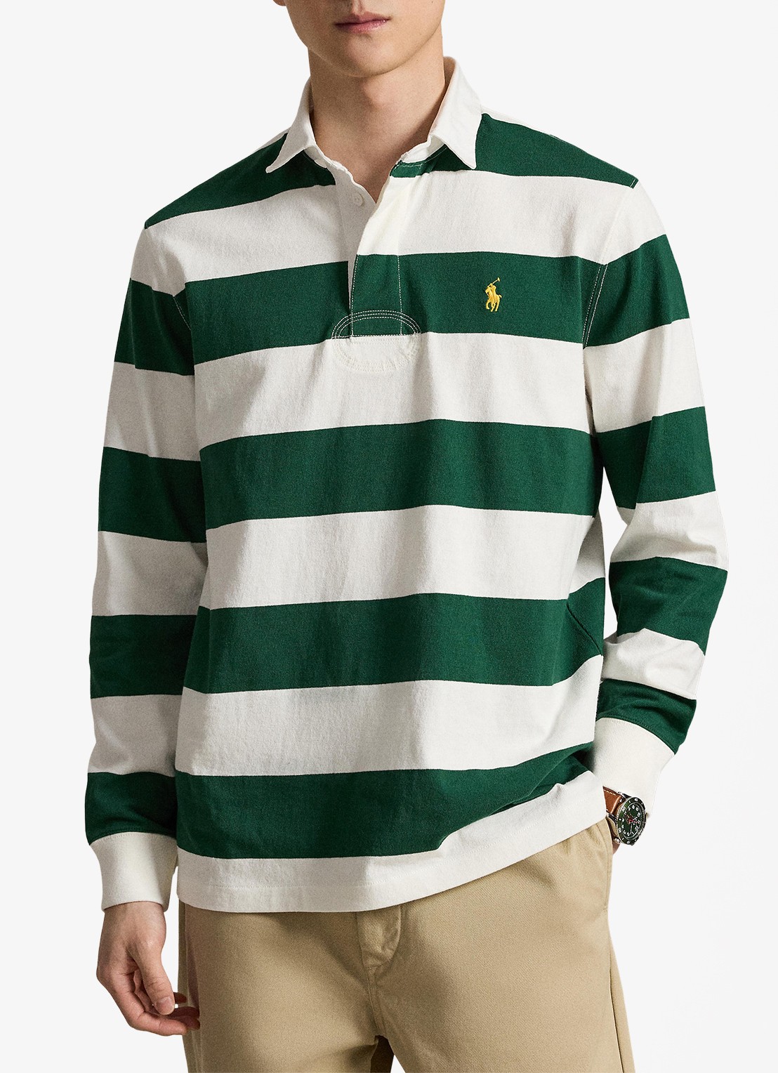 Ralph Lauren Regular fit polo met logo en streepprint - voorkant 2 trphy crm/nw forest / groen