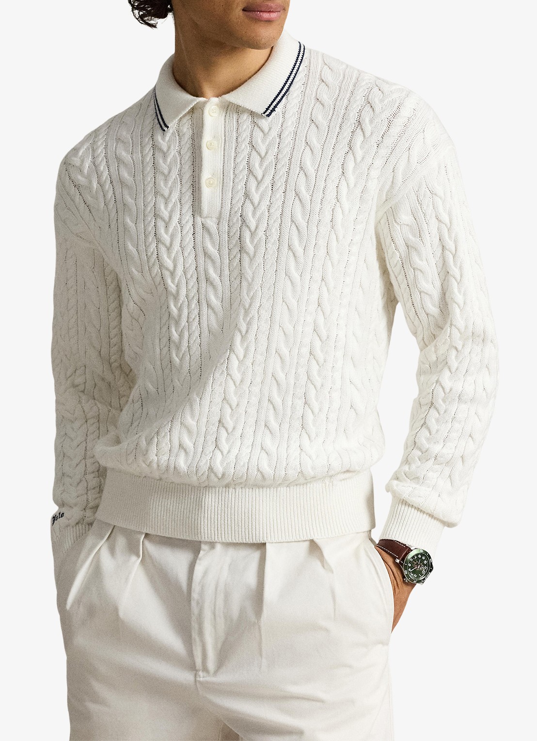 Ralph Lauren Relaxed fit kabelgebreide trui in linnenblend met polokraag - detail 2 trophy cream / crème