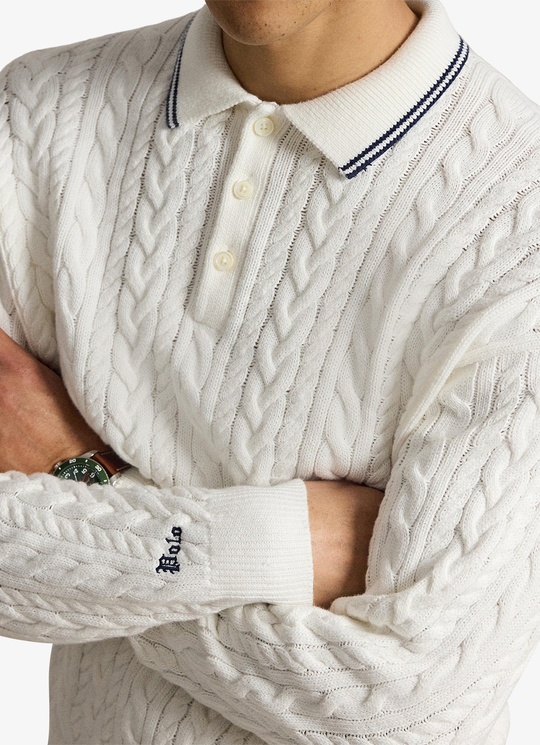 Ralph Lauren Relaxed fit kabelgebreide trui in linnenblend met polokraag - detail 3 trophy cream / crème