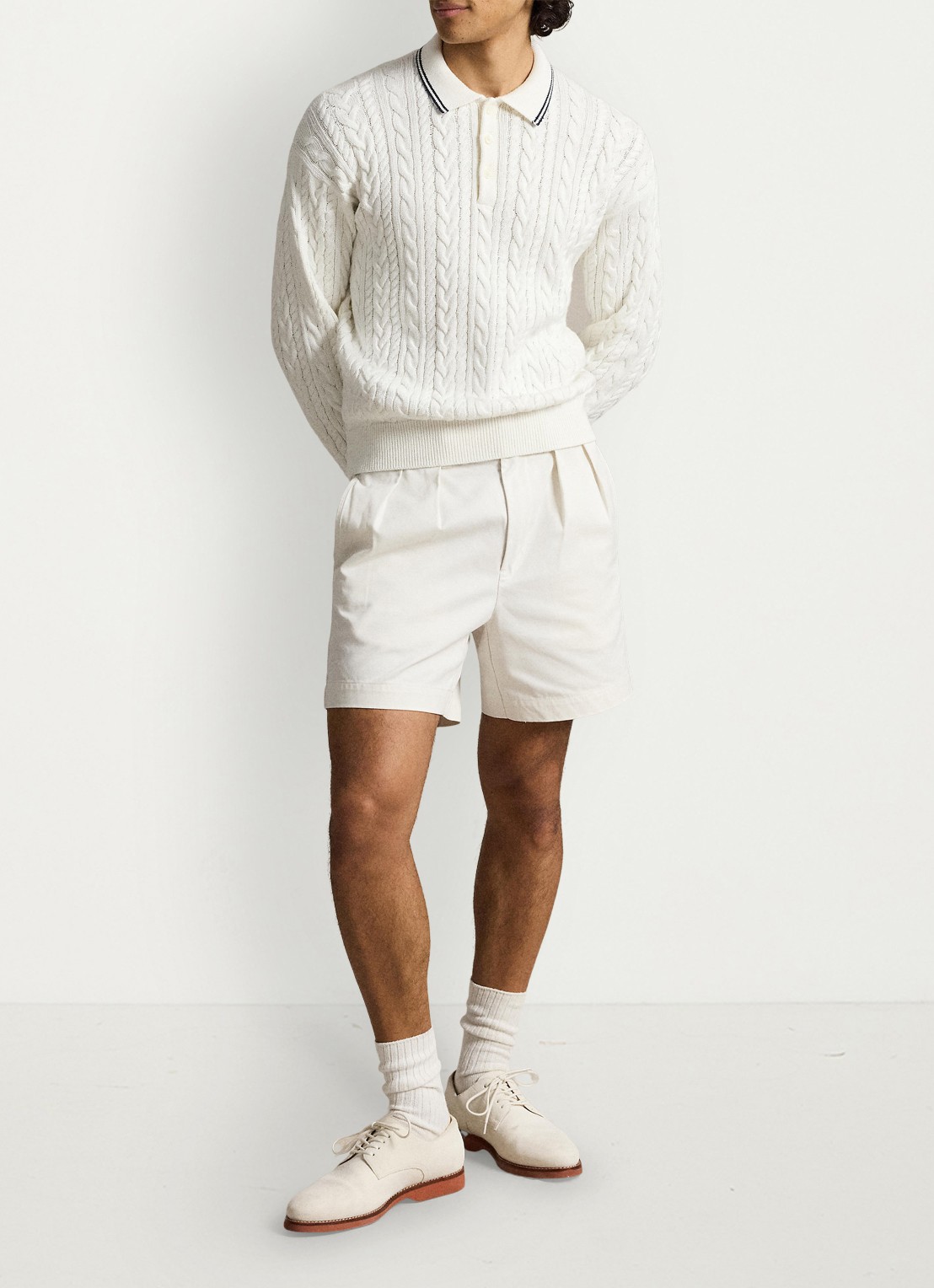 Ralph Lauren Relaxed fit kabelgebreide trui in linnenblend met polokraag - voorkant 5 trophy cream / crème