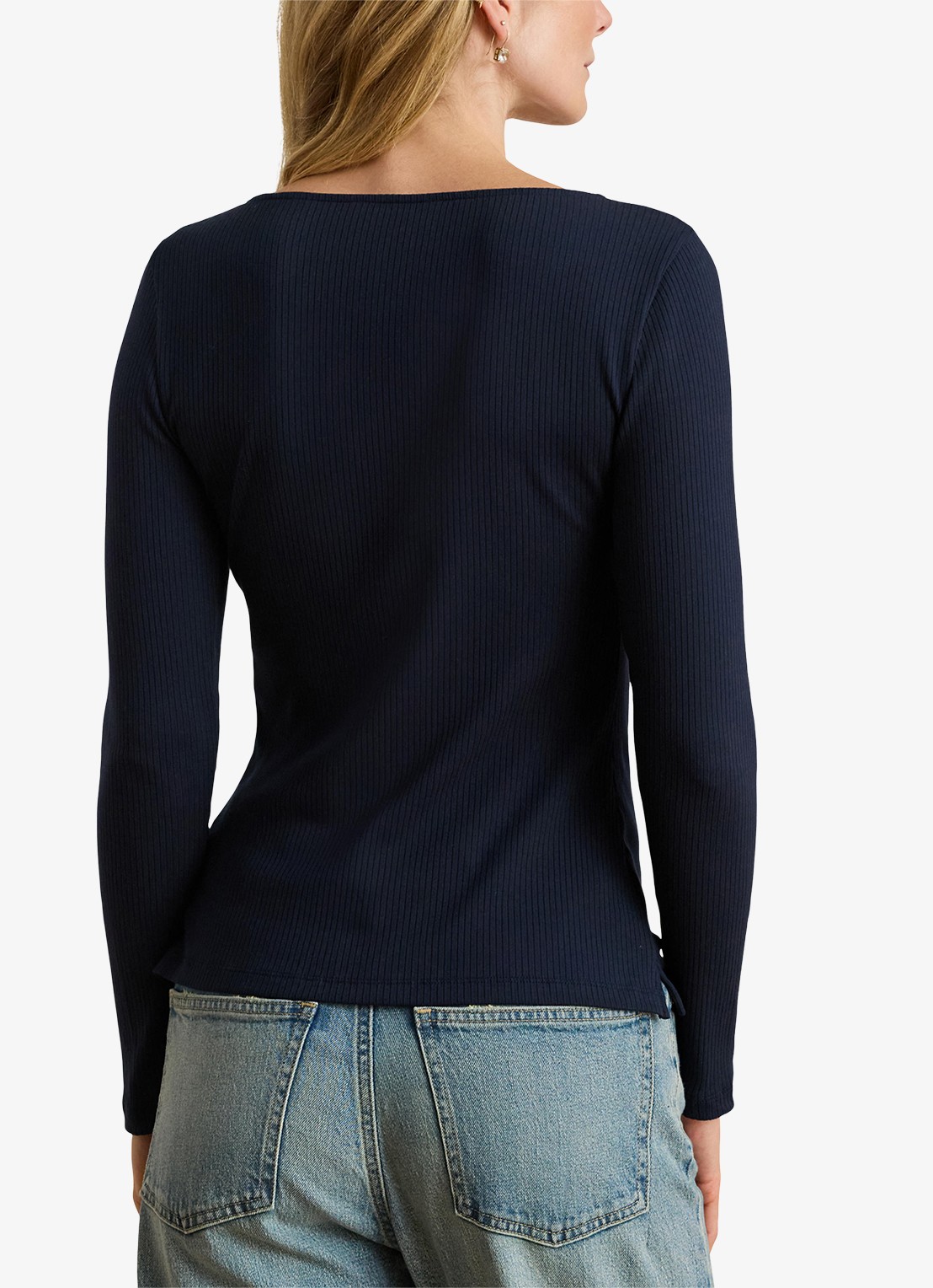 Ralph Lauren Ribgebreid longsleeve met ronde hals - achterkant donkerblauw