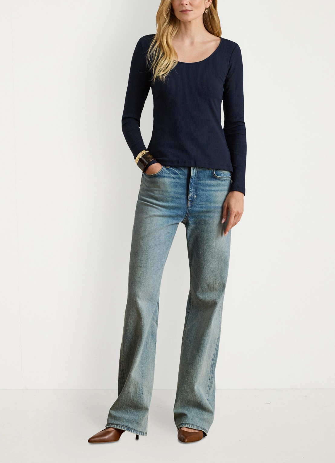 Ralph Lauren Ribgebreid longsleeve met ronde hals - voorkant 4 donkerblauw