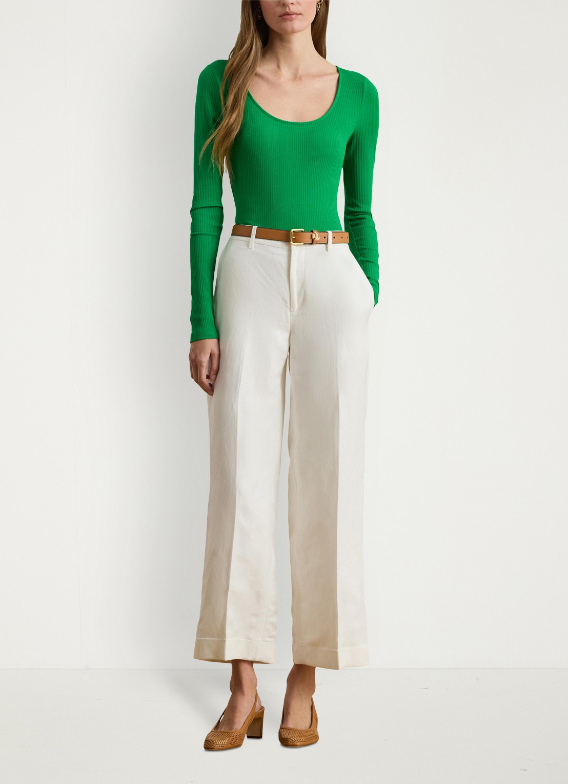 Ralph Lauren Ribgebreid longsleeve met ronde hals - voorkant 3 groen