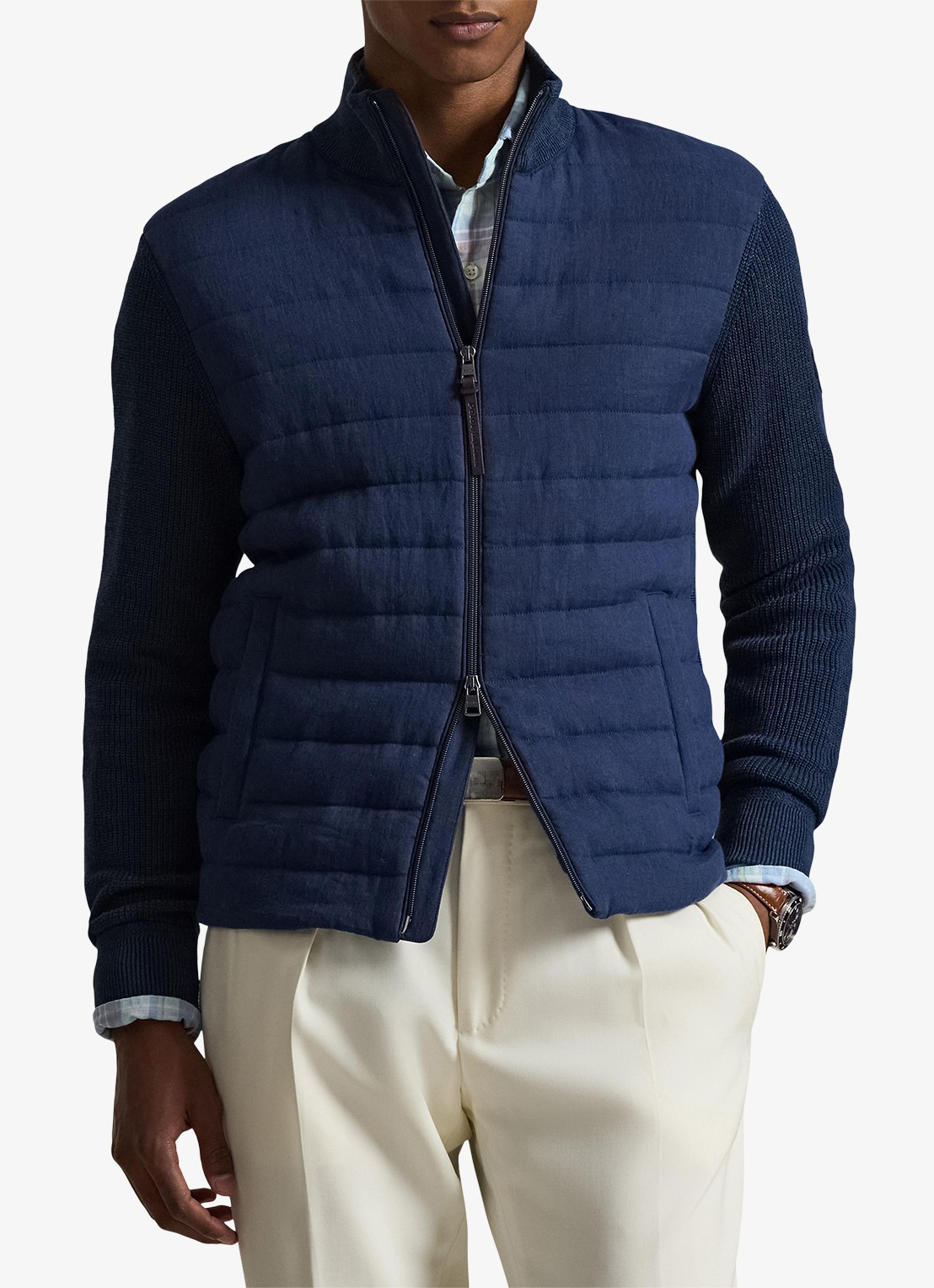 Ralph Lauren Ribgebreid vest van linnen met gewatteerd voorpand - detail 4 navy linen combo-4535