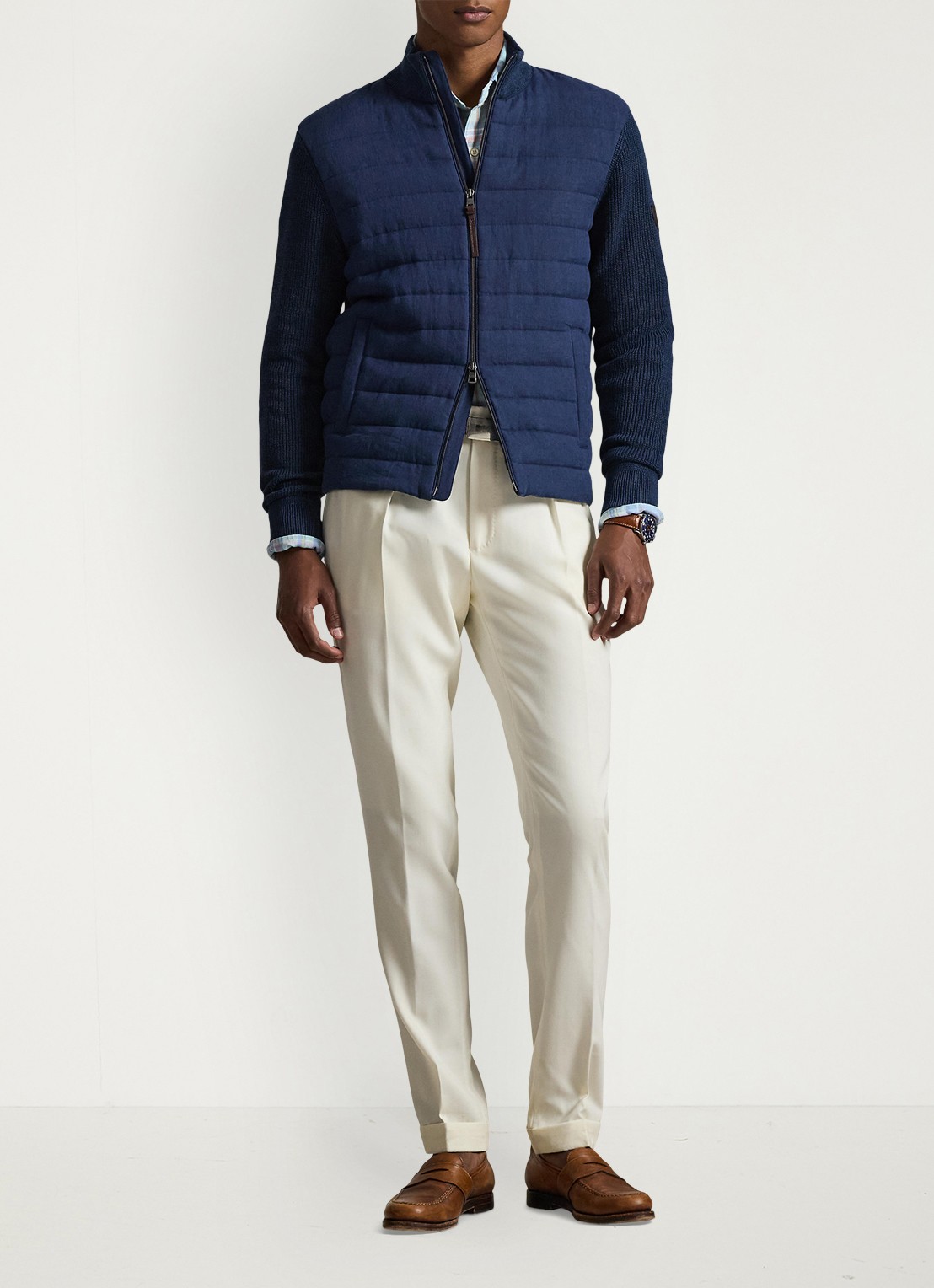 Ralph Lauren Ribgebreid vest van linnen met gewatteerd voorpand - voorkant 3 navy linen combo-4535