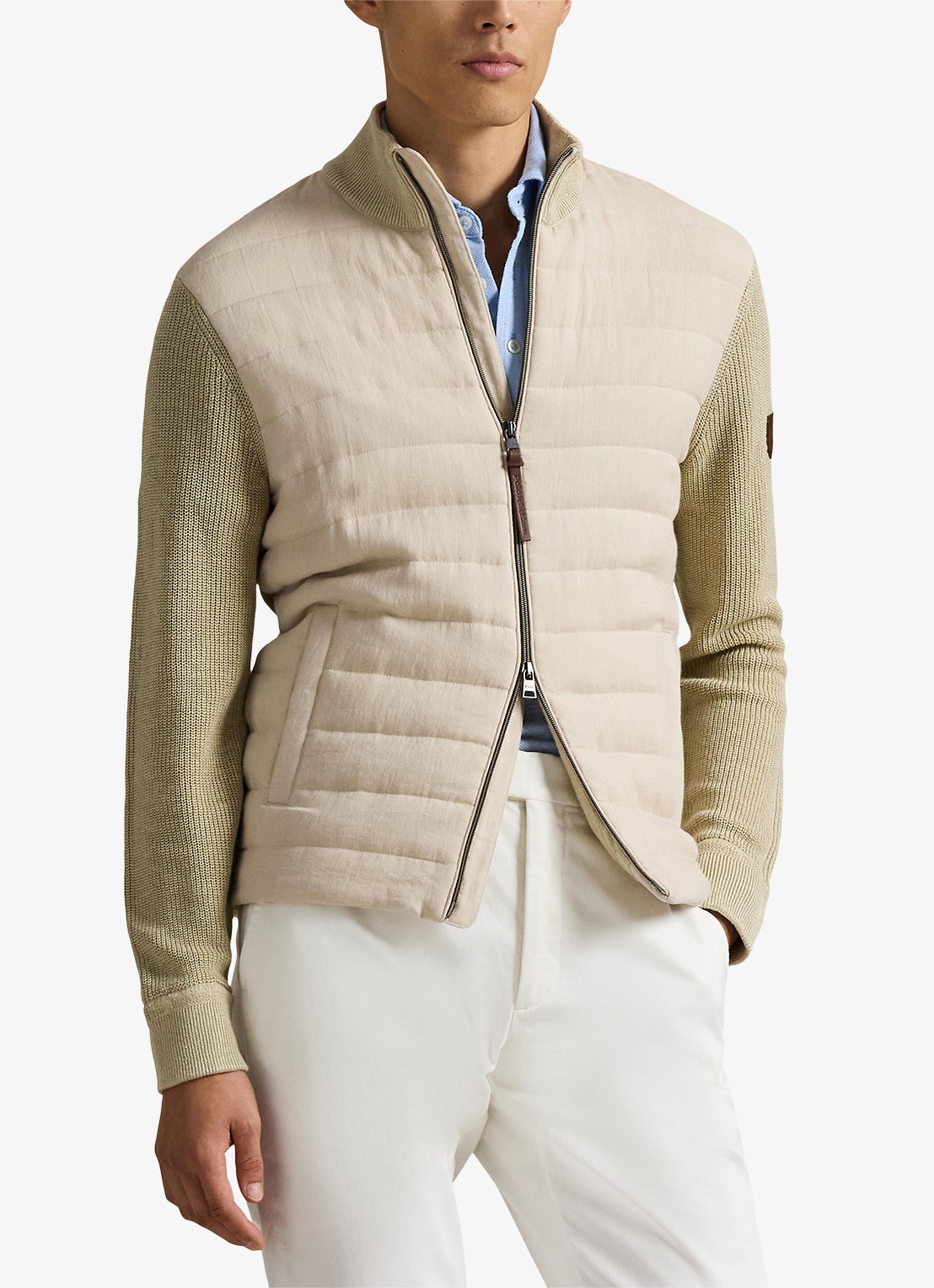 Ralph Lauren Ribgebreid vest van linnen met gewatteerd voorpand - detail coastal beige / beige