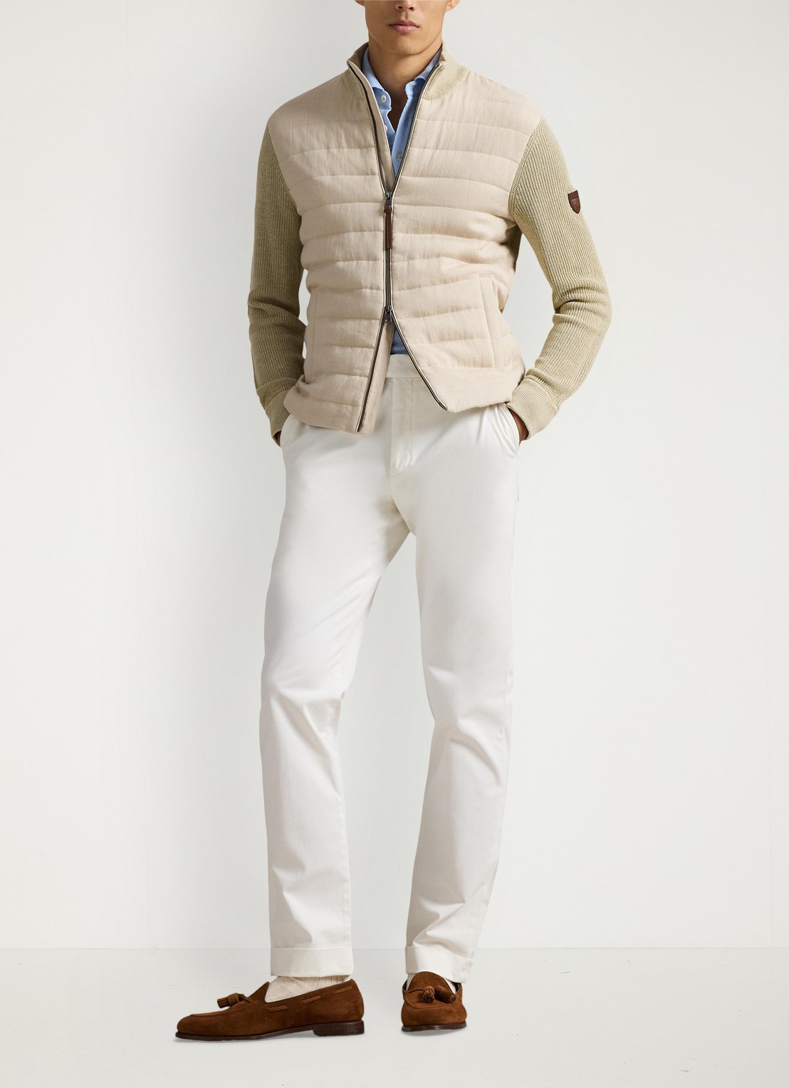 Ralph Lauren Ribgebreid vest van linnen met gewatteerd voorpand - voorkant 3 coastal beige / beige