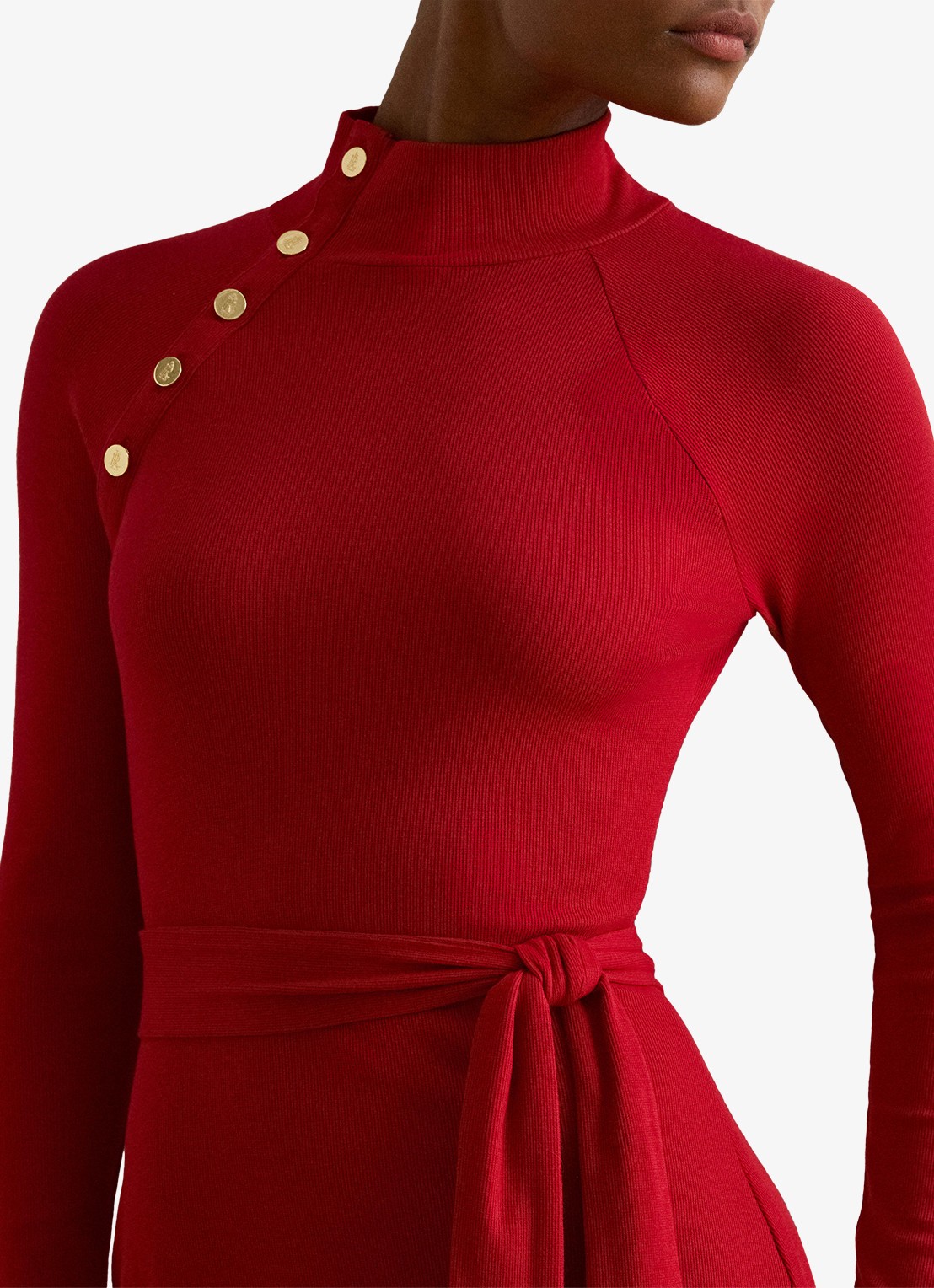 Ralph Lauren Ribgebreide jurk met opstaande kraag en sierknopen - detail 5 ralph red / rood