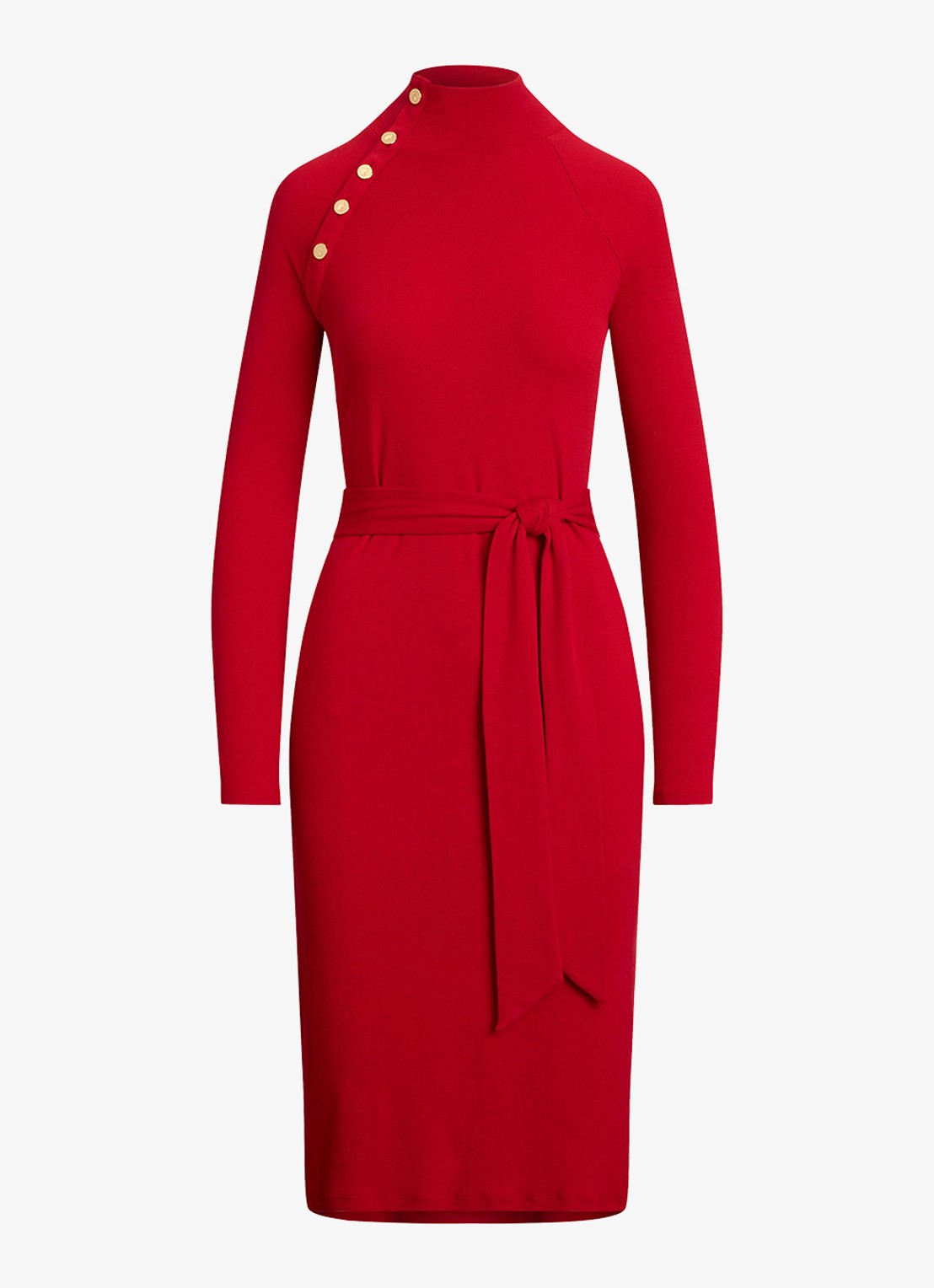 Ralph Lauren Ribgebreide jurk met opstaande kraag en sierknopen - voorkant 2 ralph red / rood