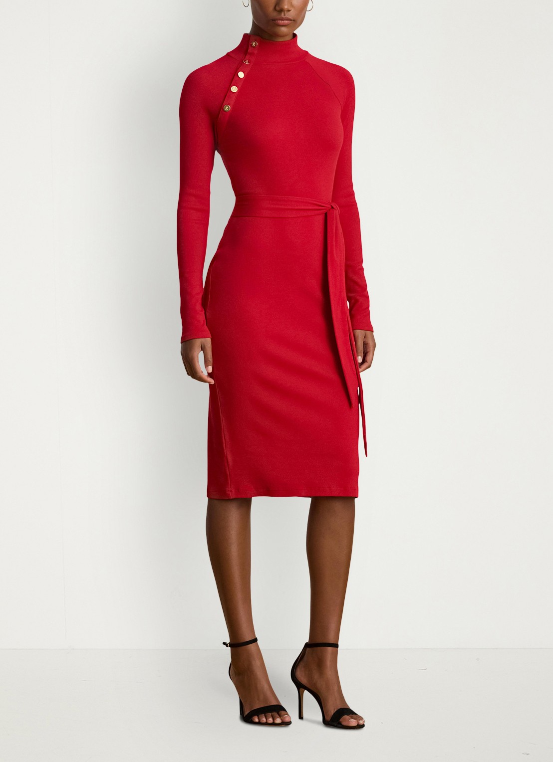 Ralph Lauren Ribgebreide jurk met opstaande kraag en sierknopen - voorkant 3 ralph red / rood