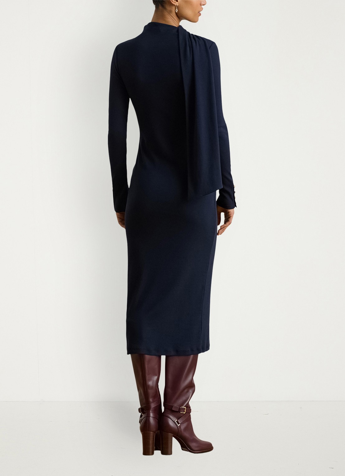 Ralph Lauren Ribgebreide midi jurk met sjaalkraag - achterkant 4 donkerblauw