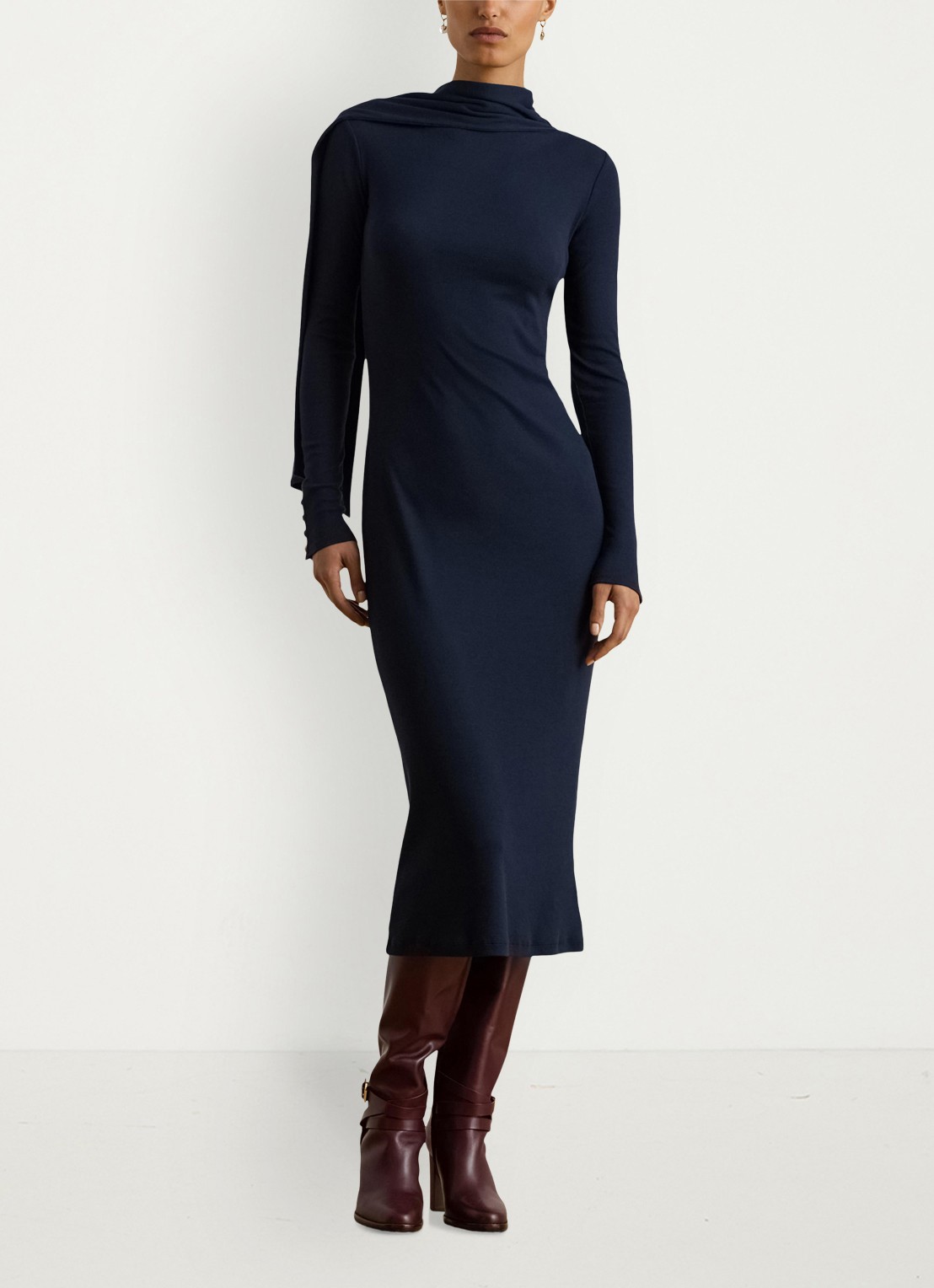 Ralph Lauren Ribgebreide midi jurk met sjaalkraag - detail 2 donkerblauw