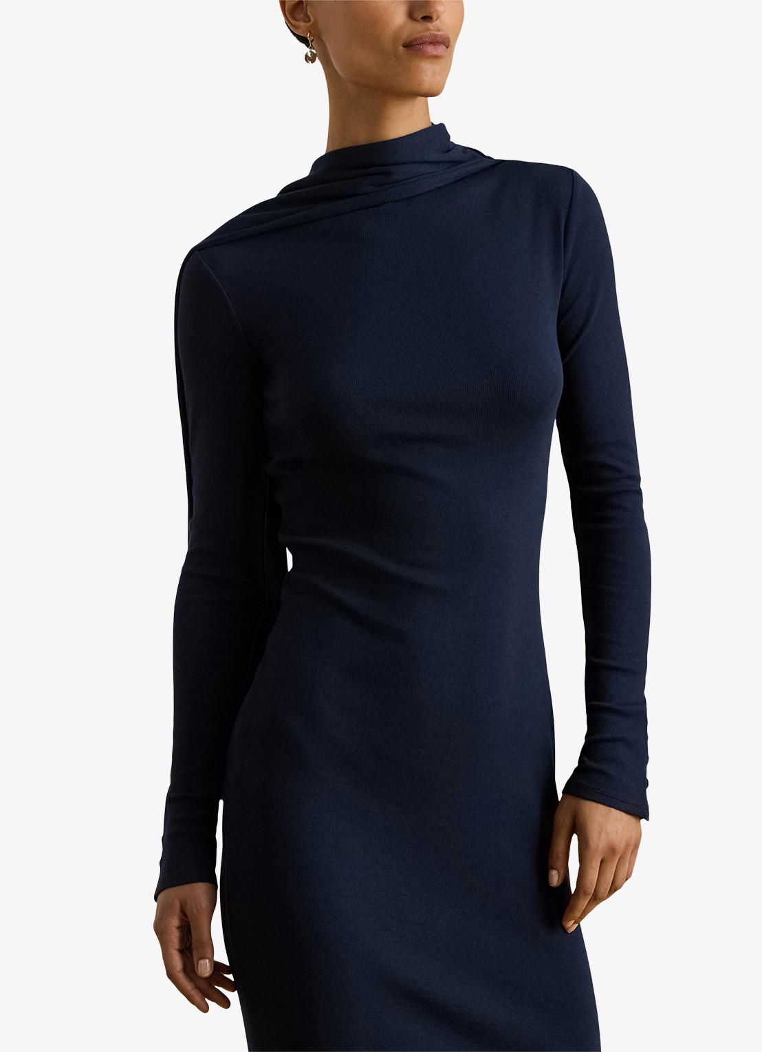 Ralph Lauren Ribgebreide midi jurk met sjaalkraag - detail 3 donkerblauw