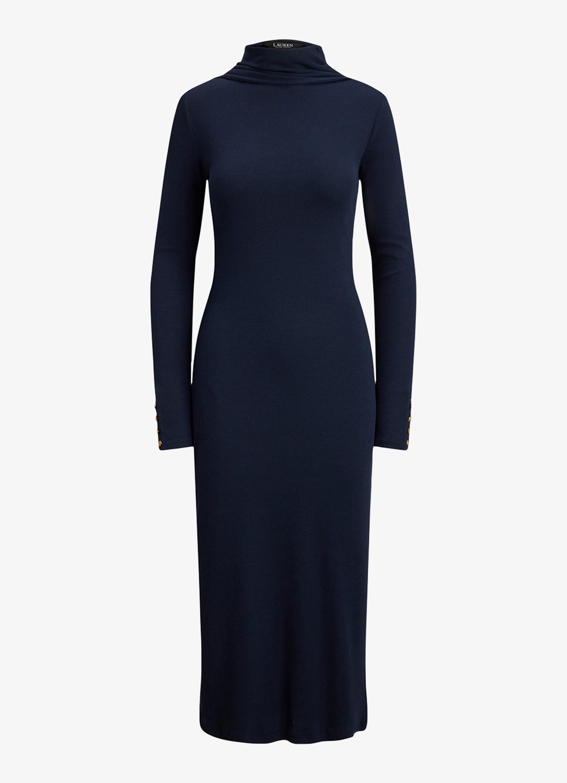 Ralph Lauren Ribgebreide midi jurk met sjaalkraag - voorkant donkerblauw