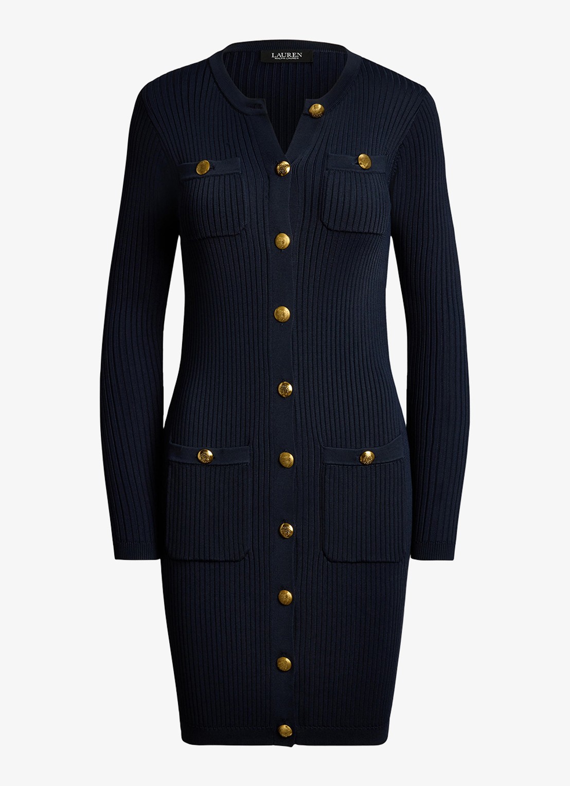 Ralph Lauren Ribgebreide mini jurk met knopen - voorkant 2 donkerblauw