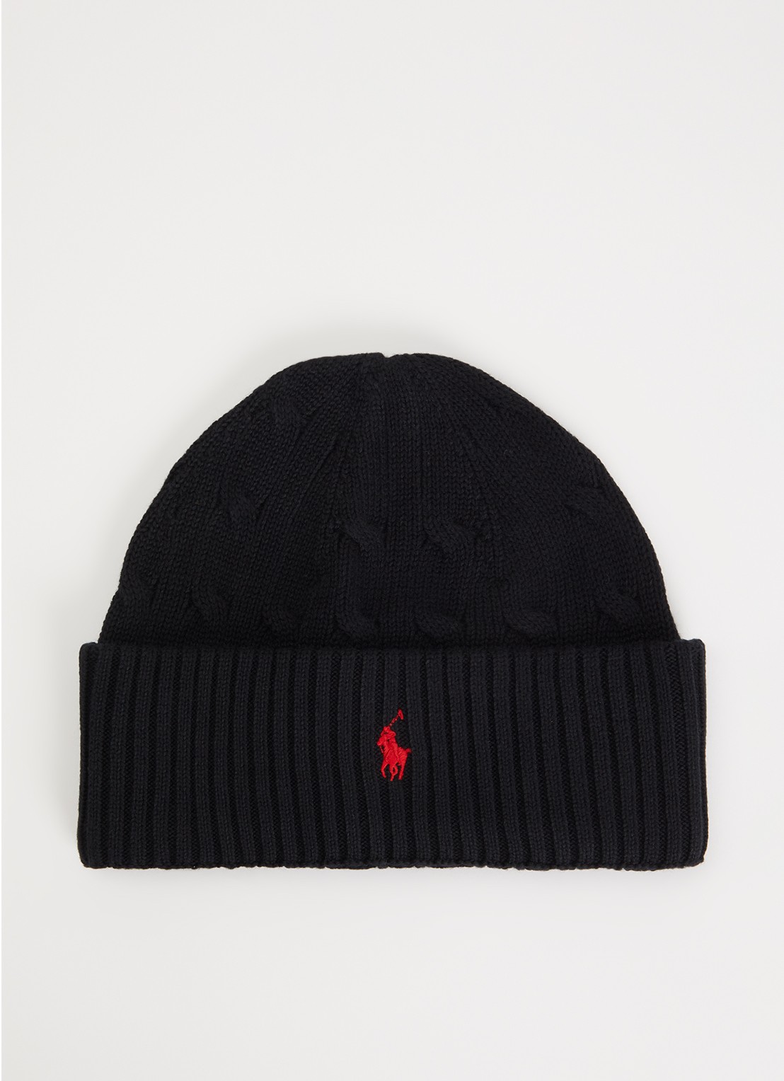 Ralph Lauren Ribgebreide muts met logoborduring - voorkant zwart