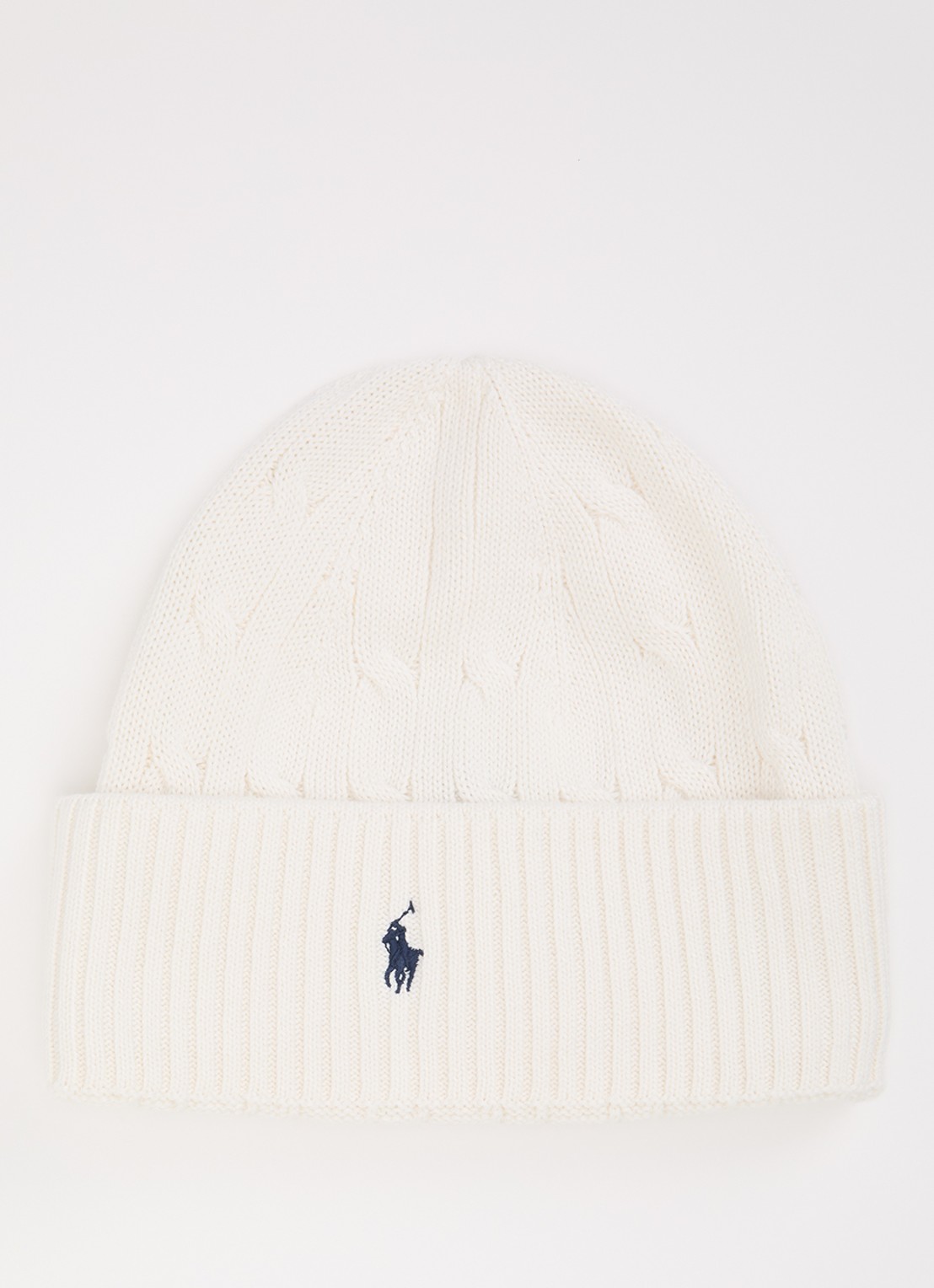 Ralph Lauren Ribgebreide muts met logoborduring - voorkant gebroken wit