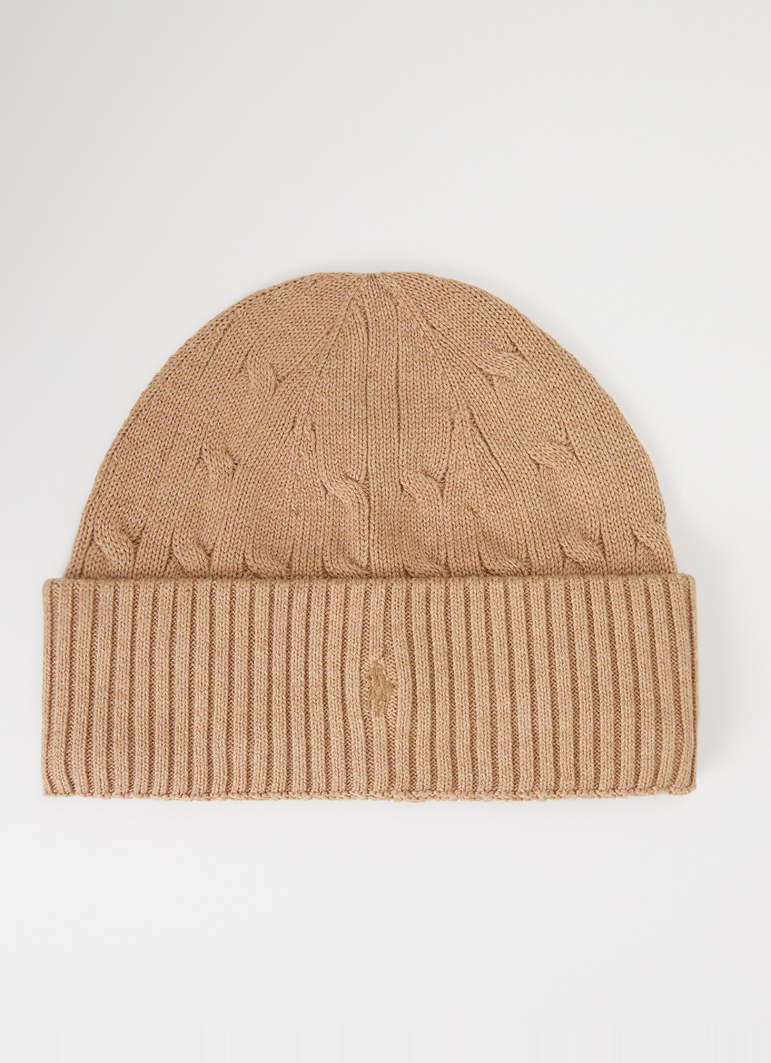 Ralph Lauren Ribgebreide muts met logoborduring - voorkant camel