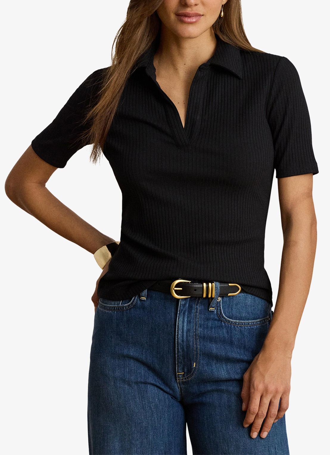 Ralph Lauren Ribgebreide top met kraag - detail 4 zwart