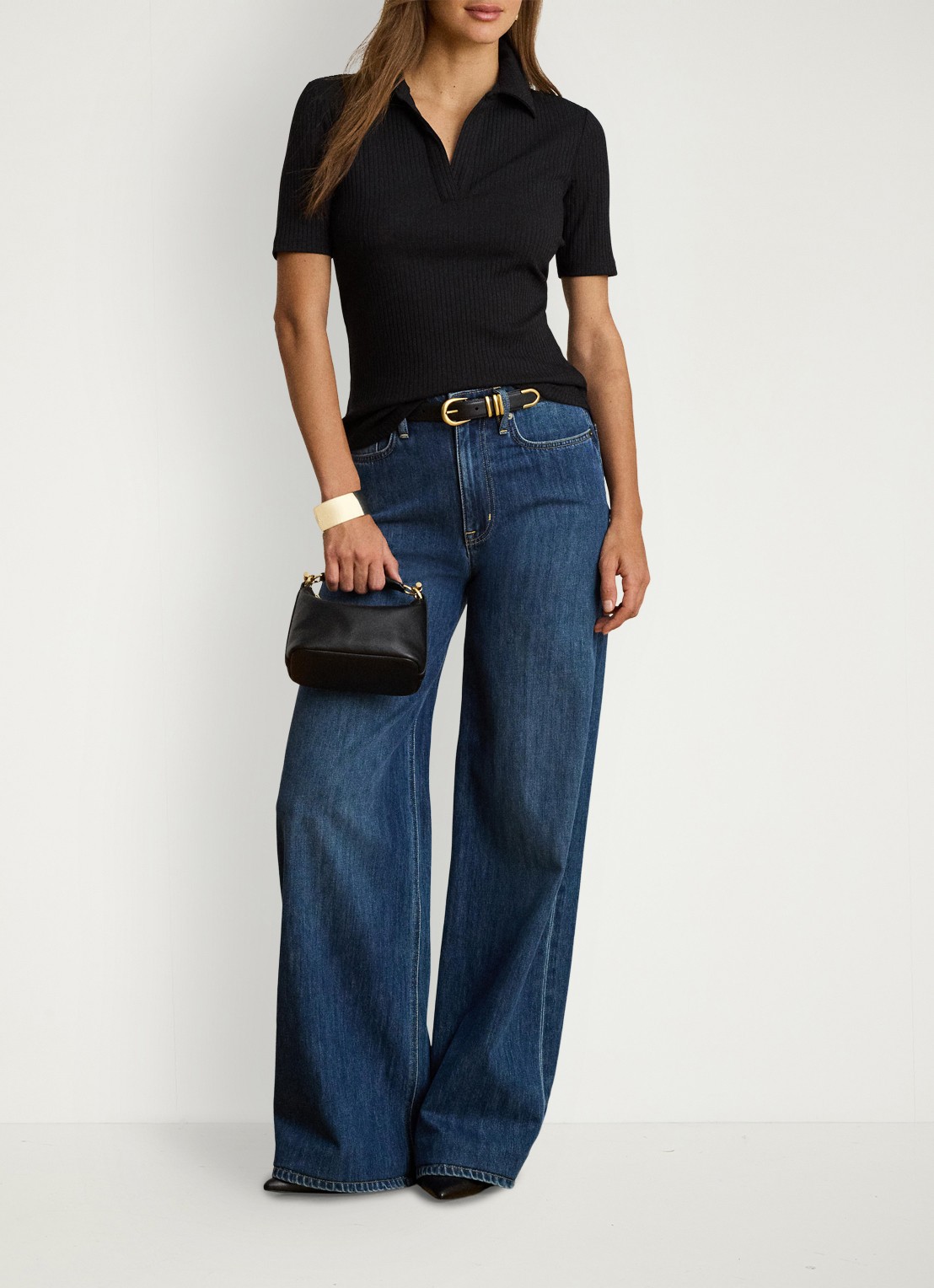 Ralph Lauren Ribgebreide top met kraag - voorkant 2 zwart