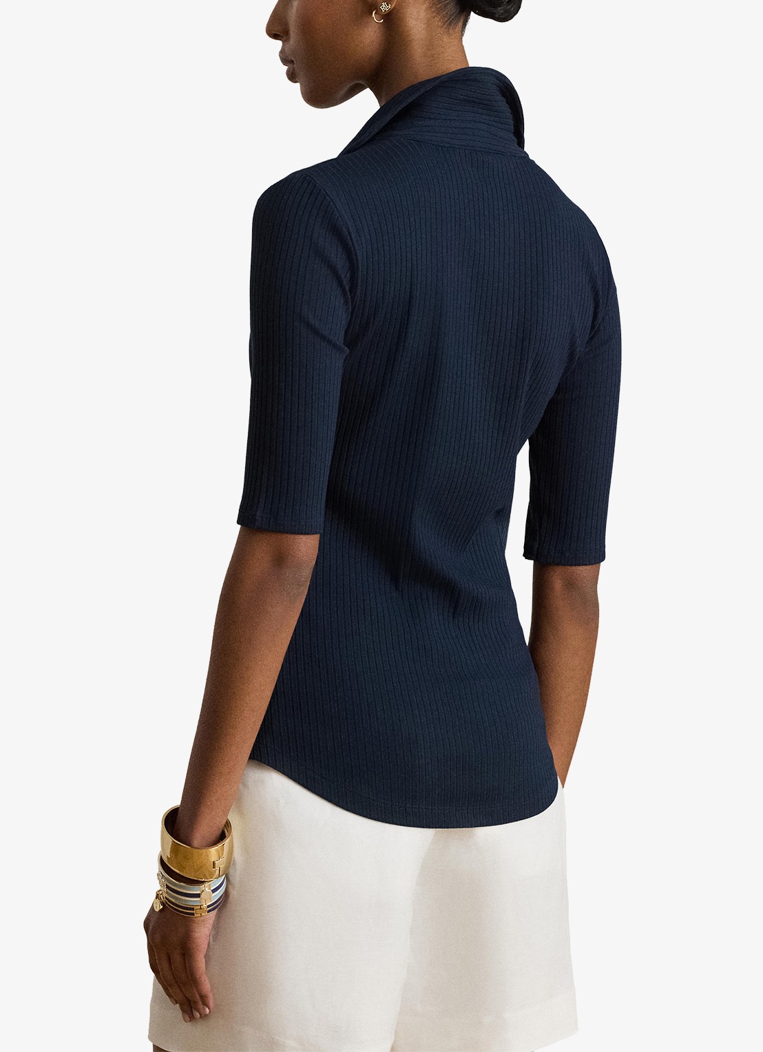 Ralph Lauren Ribgebreide top met kraag - achterkant 5 lauren navy / blauw