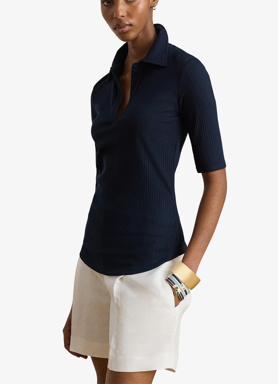 Ralph Lauren Ribgebreide top met kraag - detail lauren navy / blauw