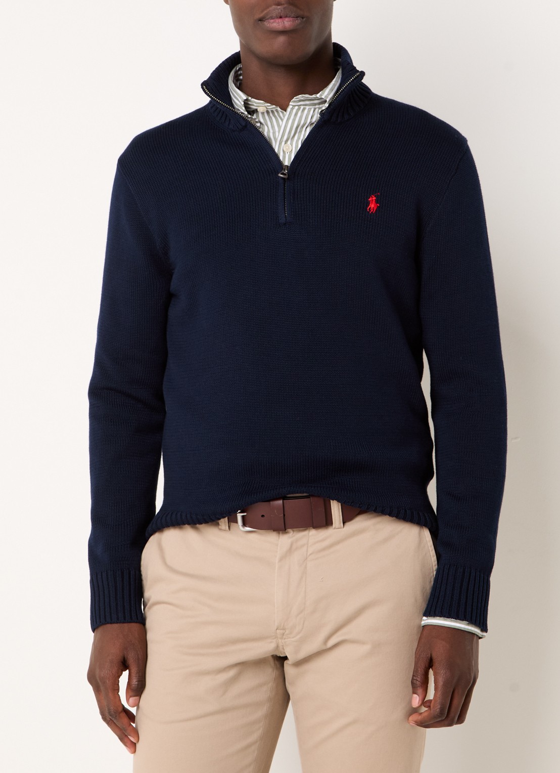 Ralph Lauren Ribgebreide trui met halve rits en logoborduring - detail 4 hunter navy/rood pp / donkerblauw