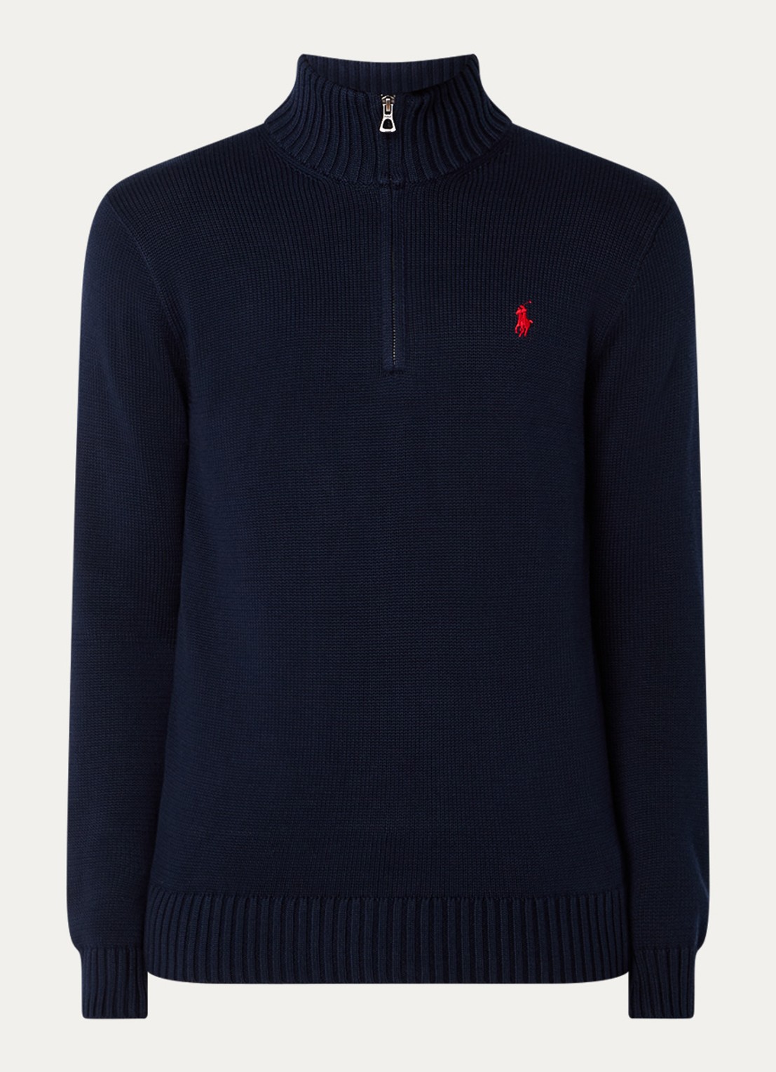Ralph Lauren Ribgebreide trui met halve rits en logoborduring - voorkant 2 hunter navy/rood pp / donkerblauw