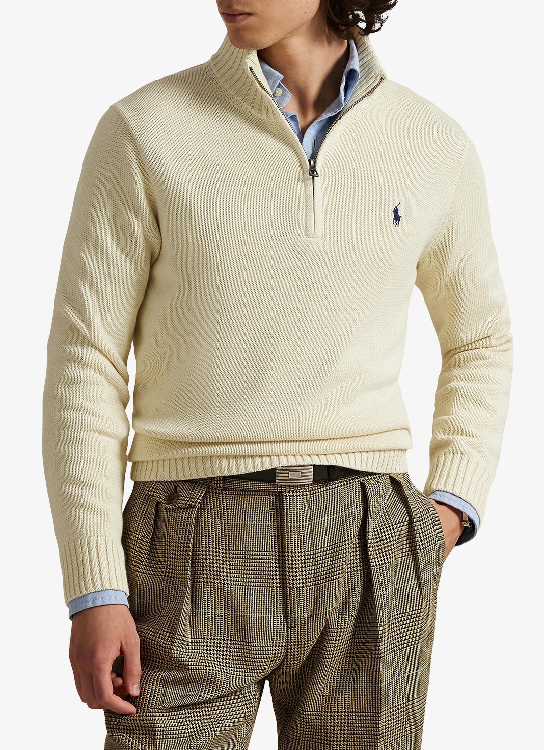 Ralph Lauren Ribgebreide trui met halve rits en logoborduring - detail 4 creme