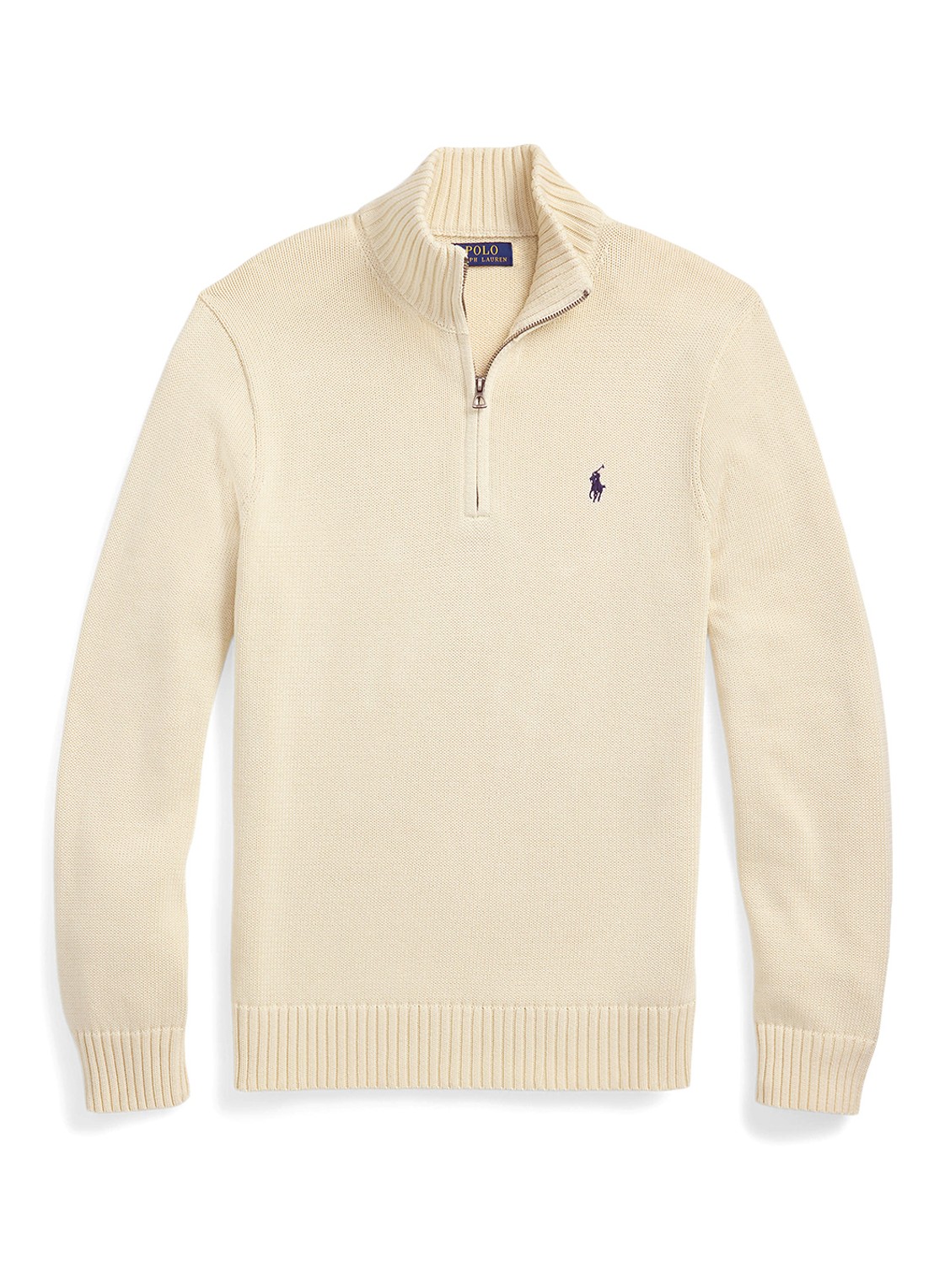 Ralph Lauren Ribgebreide trui met halve rits en logoborduring - voorkant creme