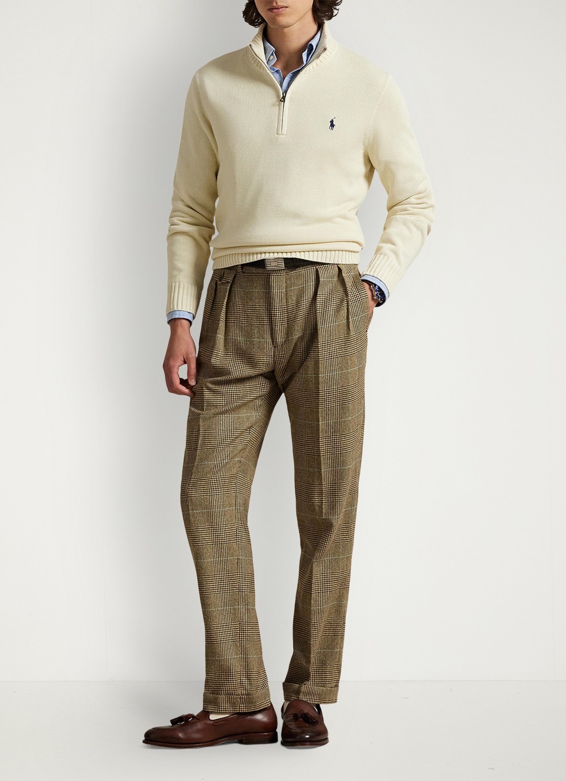 Ralph Lauren Ribgebreide trui met halve rits en logoborduring - voorkant 2 creme