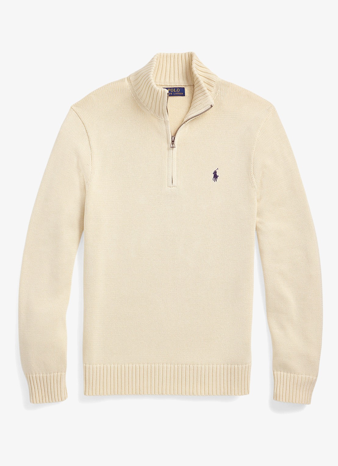 Ralph Lauren Ribgebreide trui met halve rits en logoborduring - voorkant andover cream / creme