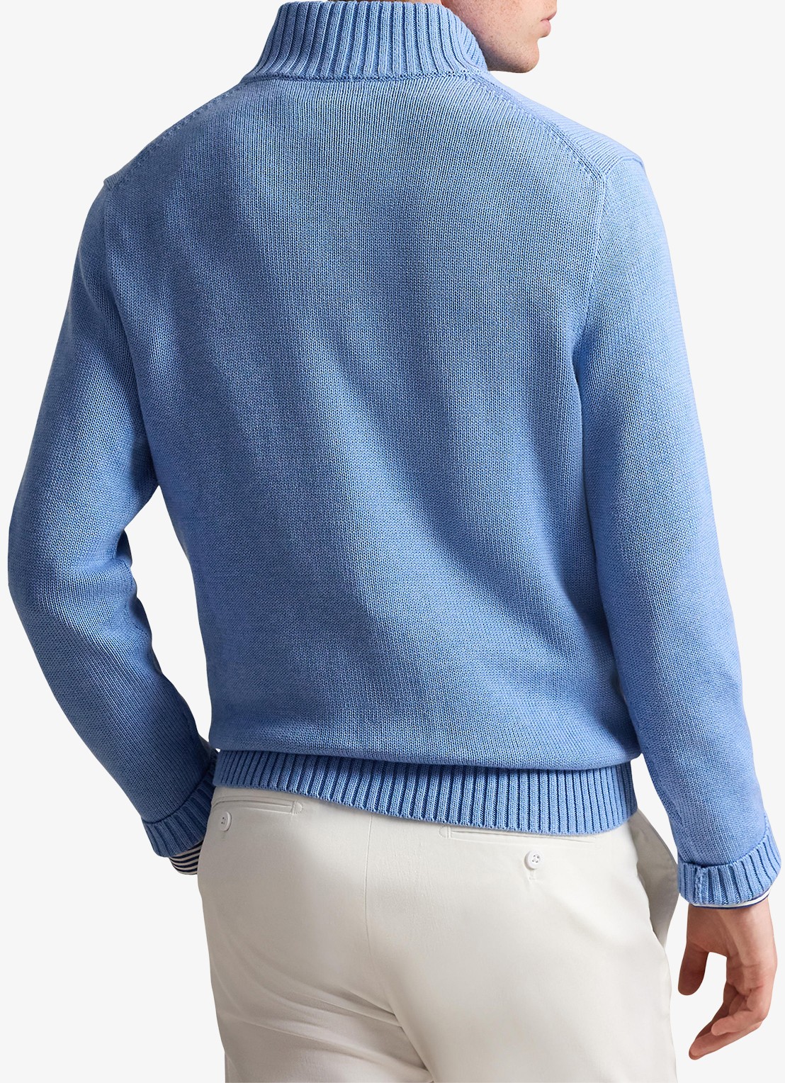 Ralph Lauren Ribgebreide trui met halve rits en logoborduring - achterkant lichtblauw